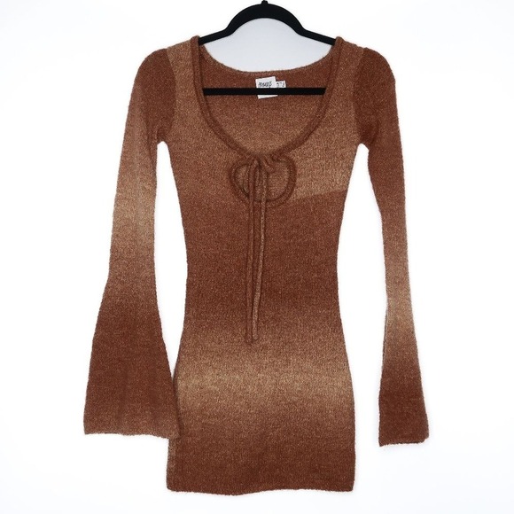 Princess Polly Womens Mini‎ Dress 2 Brown Orange Long Bell Sleeve Knit 70s - Picture 2 of 5